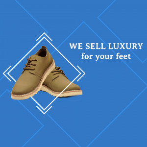 Brown leather shoes on a blue background with a diamond graphic and text 'We Sell Luxury for your feet'