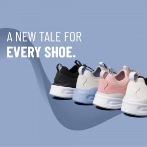 A row of Allbirds shoes in various colors against a blue and white wavy background.