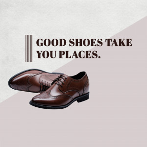 Brown leather dress shoes on a two-tone background with motivational text.