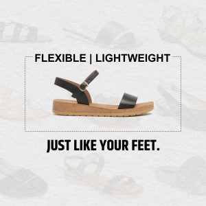 Close-up of a pair of brown Birkenstock Arizona sandals with the text 'Flexible | Lightweight' and 'Just Like Your Feet'.