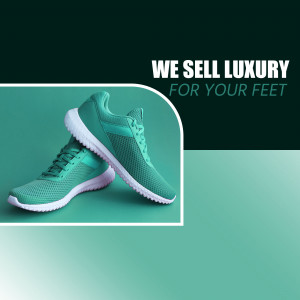 Green running shoes on a teal background with text 'We Sell Luxury For Your Feet'