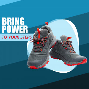 Grey and red trail running shoes floating above a blue background with text 'Bring Power to Your Steps'