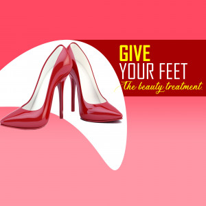 Close-up of red high heel shoes with promotional text