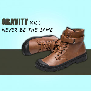 Brown leather boots with black soles and a text overlay 'Gravity Will Never Be The Same'
