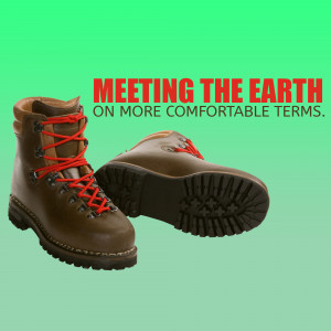 Brown leather hiking boots with red laces on a green gradient background.