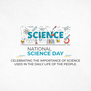 Illustration celebrating National Science Day with science-related icons and text.