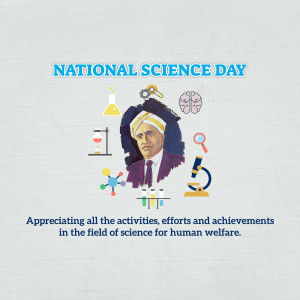 National Science Day graphic with science icons and a portrait of C.V. Raman