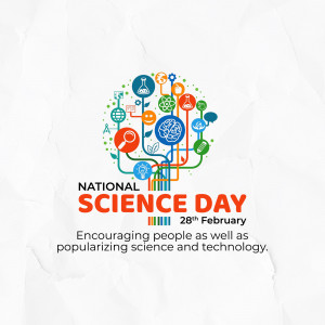 Illustration celebrating National Science Day with science-related icons and text.