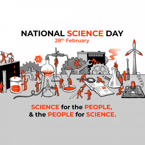 Illustration depicting various scientific equipment and people working, celebrating National Science Day.