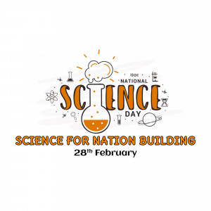 Illustration for National Science Day with science-related icons and text.