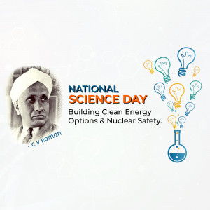 National Science Day poster featuring C.V. Raman and science-related icons.
