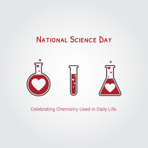 National Science Day graphic with chemistry beakers and hearts