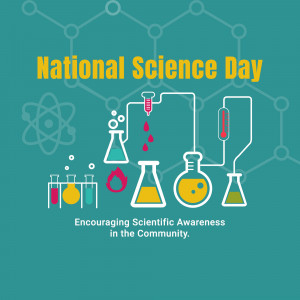 Illustration for National Science Day featuring lab equipment and an atom model.