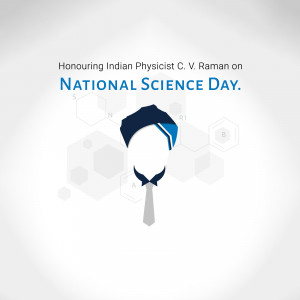 National Science Day tribute to C.V. Raman with a stylized portrait.