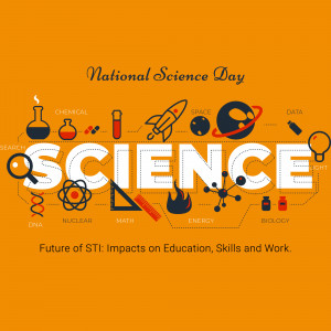Illustration celebrating National Science Day with science-related icons and text.