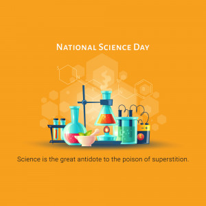 Illustration for National Science Day featuring laboratory equipment and chemical structures.
