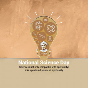 National Science Day graphic with a lightbulb containing science symbols and a portrait of C.V. Raman.