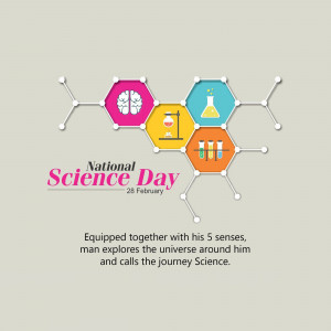 Illustration for National Science Day with science-related icons and text.