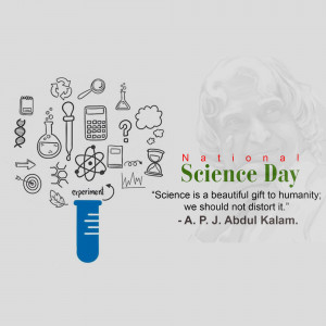 Illustration of science equipment and A.P.J. Abdul Kalam portrait for National Science Day