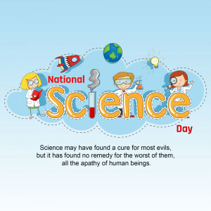 Illustration celebrating National Science Day with scientists and scientific symbols.