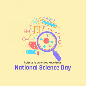 Illustration depicting science equipment and molecules with the text 'National Science Day'