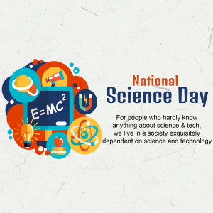 Colorful illustration celebrating National Science Day with science icons and text.