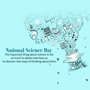 Illustration celebrating National Science Day with science-related objects and a quote.