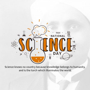 Illustration for National Science Day featuring science symbols and a portrait.