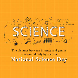 Illustration for National Science Day with science-related icons and text.