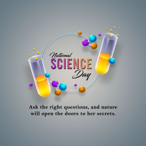 Illustration for National Science Day featuring beakers and molecular structures.