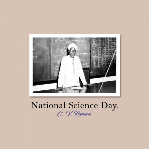 Black and white portrait of C.V. Raman with text 'National Science Day'