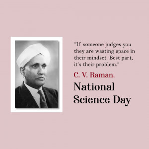 Black and white portrait of C.V. Raman with a quote and National Science Day text.