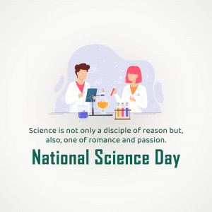 Illustration of two scientists working in a lab with text celebrating National Science Day.