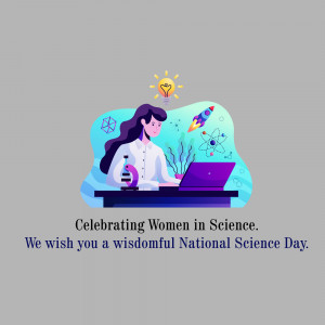 Illustration of a woman working on a laptop with science-related imagery, celebrating women in science.