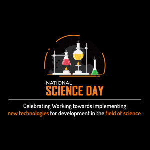 Illustration for National Science Day featuring laboratory equipment and text.