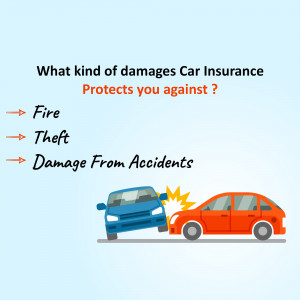 Illustration depicting car insurance coverage for fire, theft, and accident damage.