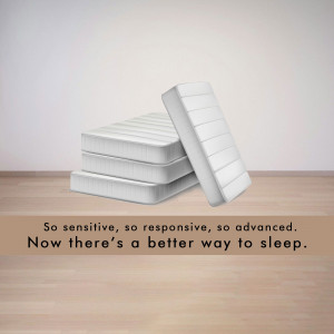 Stack of white mattresses on a wooden floor with text promoting better sleep.