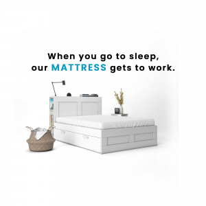 White bed frame with a mattress and bedside table, promoting a mattress brand.