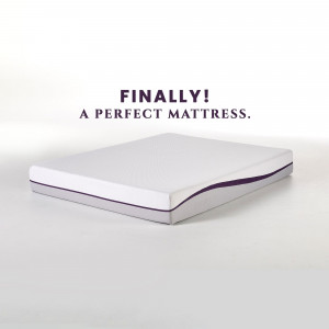 Purple mattress on a white surface with text 'FINALLY! A PERFECT MATTRESS.'