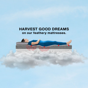 Woman sleeping peacefully on a featherly mattress floating on a cloud.