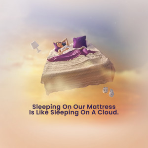 Woman sleeping peacefully on a mattress floating on clouds