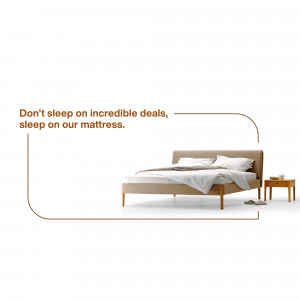 A beige bed with white linens and a bedside table on a white background with promotional text.