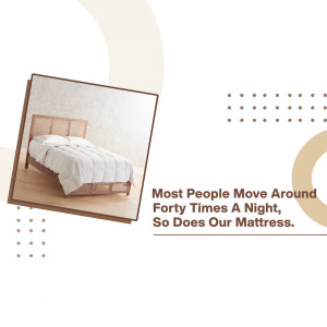 A bed with a white duvet and a light wood frame, promoting a mattress.