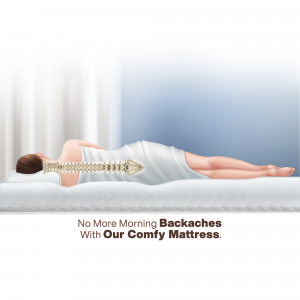 Illustration of a woman sleeping on a mattress with a highlighted spine, promoting back pain relief.