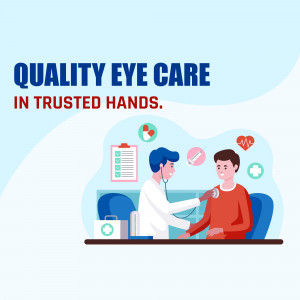 Illustration of a doctor examining a patient with eye care related imagery.