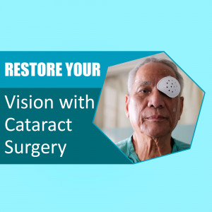 Senior man with an eye patch promoting cataract surgery
