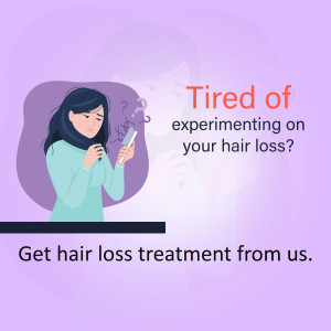 Woman looking at her phone with hair loss concerns, promoting hair loss treatment.