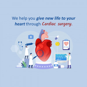 Illustration of a heart with medical professionals and equipment, promoting cardiac surgery.