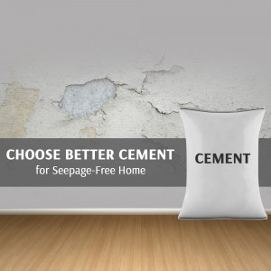 Image of a damaged wall with a bag of cement promoting seepage protection.