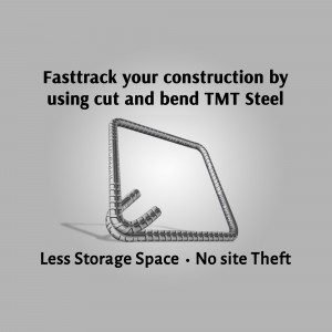 Cut and bend TMT steel rebar with text promoting faster construction and reduced theft.
